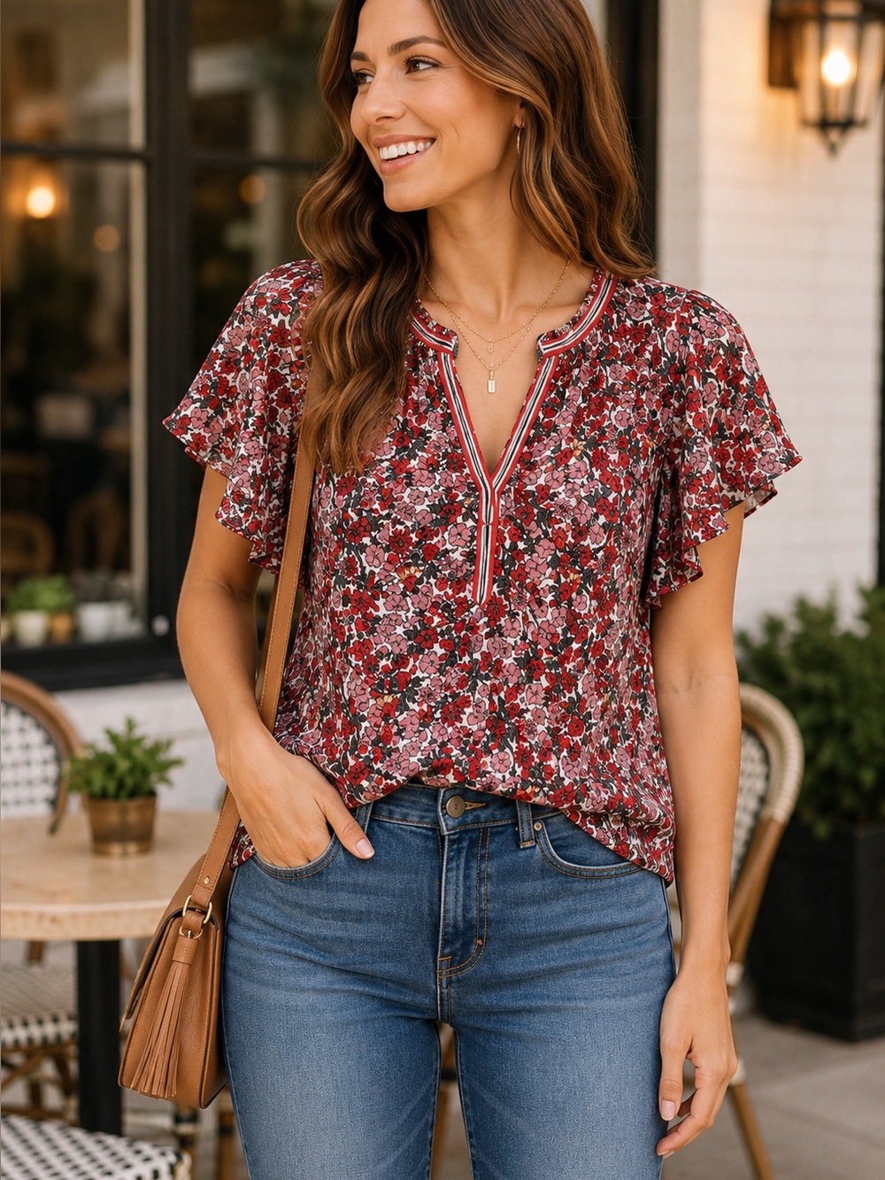 Max Studio Floral Flutter Sleeve Lightweight Boho Top Size Large